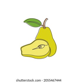 One continuous line drawing of sliced and whole healthy pear organic for orchard logo identity. Fresh summer fruitage concept for fruit garden icon. Modern single line draw design vector illustration