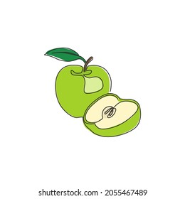 Una línea continua de dibujo cortada y manzanas sanas enteras orgánicas para el logotipo de huerto. Nuevo concepto de herencia tropical para ícono de jardín de frutas. Ilustración gráfica de diseño gráfico de líneas simples moderna