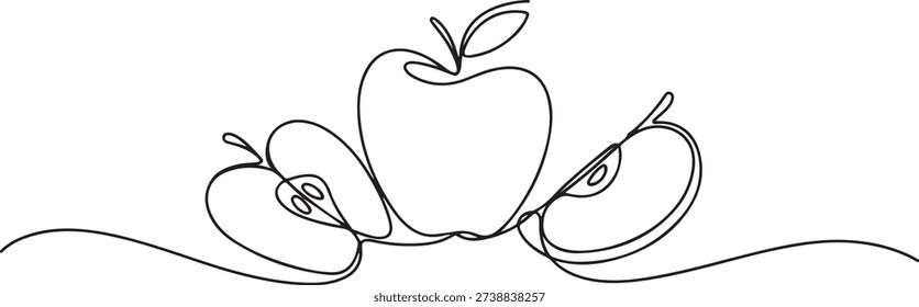 One continuous line drawing sliced and whole healthy apples organic for orchard logo. Fresh tropical fruitage concept for fruit garden icon. one line Icon drawing
