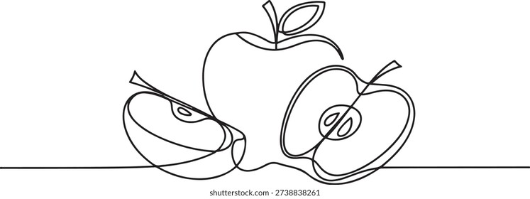 One continuous line drawing sliced and whole healthy apples organic for orchard logo. Fresh tropical fruitage concept for fruit garden icon. one line Icon drawing
