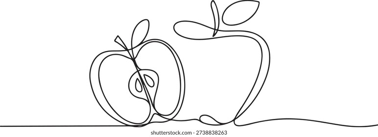 One continuous line drawing sliced and whole healthy apples organic for orchard logo. Fresh tropical fruitage concept for fruit garden icon. one line Icon drawing
