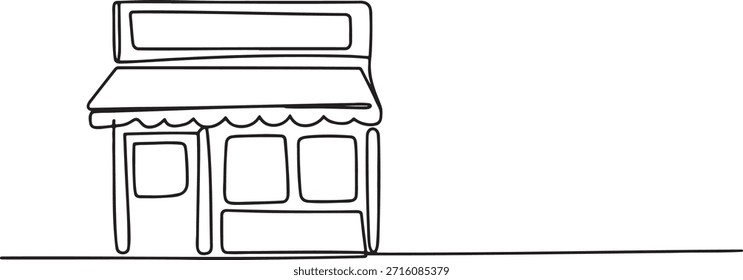 Una línea continua dibujando el Pequeño edificio de la tienda. Concepto de tienda al por menor y de negocio comercial. Moderna fachada con toldo para Pequeño inicio de negocios. Ilustración vectorial de Diseño gráfico aislada.