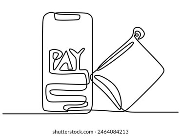 Un dibujo de línea continua de Smartphone y tarjeta de crédito cartera aislada sobre fondo blanco. Ilustración vectorial de concepto de pago en línea.