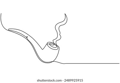 Una línea continua dibujando pipa de fumar con humo. Antiguas tubo de tabaco aislado sobre fondo blanco. Tubo para el concepto de tabaco de fumar en un estilo lineal minimalista . Ilustración vectorial, 