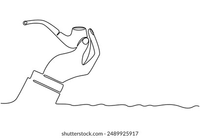 One continuous line drawing smoking pipe with smoke. Vintage tobacco pipe isolated on white background. Tube for smoking tobacco concept in a minimalistic linear style . Vector illustration, 