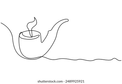 Una línea continua dibujando pipa de fumar con humo. Antiguas tubo de tabaco aislado sobre fondo blanco. Tubo para el concepto de tabaco de fumar en un estilo lineal minimalista . Ilustración vectorial, 