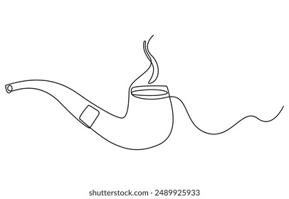 Una línea continua dibujando pipa de fumar con humo. Antiguas tubo de tabaco aislado sobre fondo blanco. Tubo para el concepto de tabaco de fumar en un estilo lineal minimalista . Ilustración vectorial, 