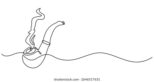 One continuous line drawing smoking pipe with smoke. Vintage tobacco pipe isolated on white background. Tube for smoking tobacco concept in a minimalistic linear style . Vector illustration. 