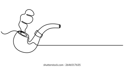 One continuous line drawing smoking pipe with smoke. Vintage tobacco pipe isolated on white background. Tube for smoking tobacco concept in a minimalistic linear style . Vector illustration. 
