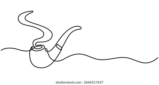 One continuous line drawing smoking pipe with smoke. Vintage tobacco pipe isolated on white background. Tube for smoking tobacco concept in a minimalistic linear style . Vector illustration. 