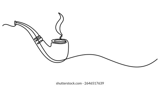 One continuous line drawing smoking pipe with smoke. Vintage tobacco pipe isolated on white background. Tube for smoking tobacco concept in a minimalistic linear style . Vector illustration. 