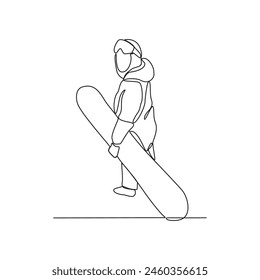 One continuous line drawing of Snowboard sports vector illustration. Snowboard sports design in simple linear continuous style vector concept. Sports themes design for your asset design illustration.