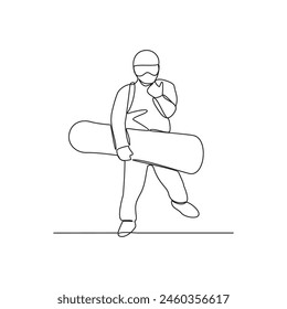 One continuous line drawing of Snowboard sports vector illustration. Snowboard sports design in simple linear continuous style vector concept. Sports themes design for your asset design illustration.