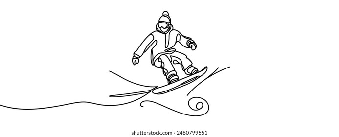 Dibujo de una línea continua de Ilustración vectorial deportiva de snowboard. Diseño deportivo de snowboard en concepto de Vector de estilo lineal simple y continuo. Diseño de temas deportivos para su ilustración de diseño de activos