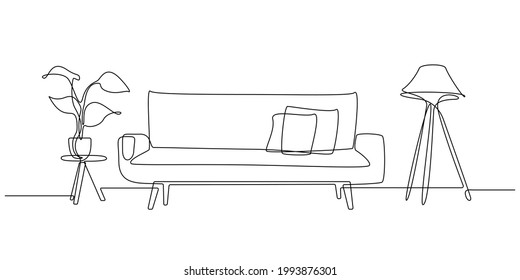 One continuous line drawing of sofa with lamp and potted deciduous plant. Home modern furniture of couch with two pillows in simple linear style. Editable stroke Vector illustration