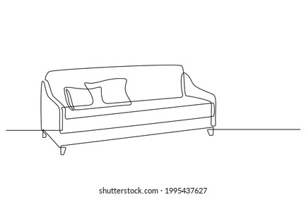 One continuous line drawing of sofa. Cozy Couch with two pillows. Home furniture in simple linear style. Editable stroke Vector illustration