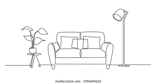 One continuous Line drawing of sofa and lamp and potted plant. Stylish furniture for living room interior in simple linear style. Editable stroke Vector illustration