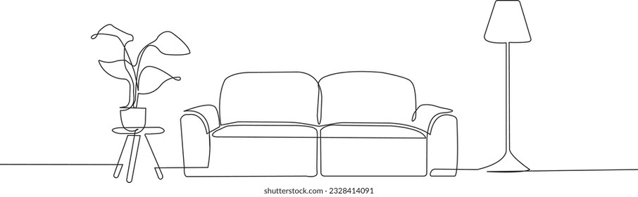 One continuous Line drawing of sofa and lamp and potted plant. Stylish furniture for living room interior in simple linear style. Editable stroke Vector illustration