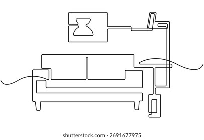 um sofá de desenho de linha contínua, lâmpada de chão e planta em vaso para sala de estar.
