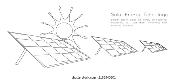 One continuous line drawing of Solar panels with sun. Clean energy and renewable resources in simple linear style. Power station and save ecology concept. Editable stroke. Doodle vector illustration