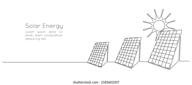 One Continuous Line Drawing Of Solar Panel With Sun. Green Clean Energy In Simple Linear Style. Renewable And Sustainable Resources Web Banner. Editable Stroke. Outline Vector Illustration