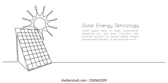 One continuous line drawing of Solar panel with sun. Green clean energy in simple linear style. Renewable and sustainable resources concept. Editable stroke. Doodle vector illustration