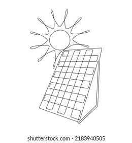 One continuous line drawing of Solar panel with sun. Green clean energy in simple linear style. Renewable and sustainable resources logo. Editable stroke. Doodle vector illustration