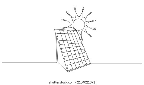 One continuous line drawing of Solar panel with sun. Green energy in simple linear style. Renewable and sustainable resources concept. Editable stroke. Doodle vector illustration