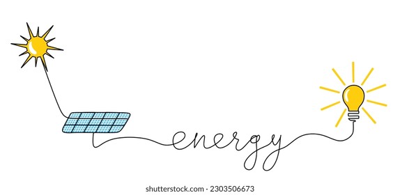 One Continuous line drawing Solar energy concept with Sun, solar power station panel and light bulb isolated on white background. Green clean energy and renewable resources in linear style. vector