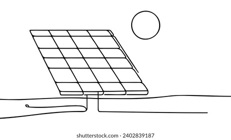 Eine durchgehende Zeichnung des Solarpaneels mit Sonne. Grüne, saubere Energie und erneuerbare Ressourcen im einfachen linearen Stil. Kraftwerk und sparen Ökologie-Symbol. Bearbeitbarer Strich. Doodle-Vektor