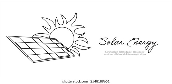 One continuous line drawing of Solar panel with sun. Green clean energy and renewable resources in simple linear style. Power station and save ecology icon.