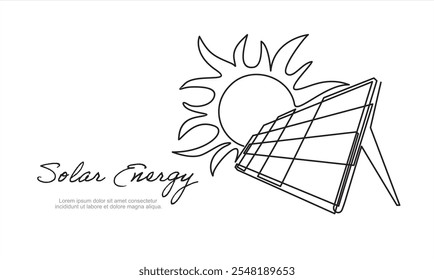 One continuous line drawing of Solar panel with sun. Green clean energy and renewable resources in simple linear style. Power station and save ecology icon.