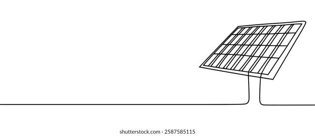One continuous line drawing of Solar panel with sun. Green clean energy and renewable resources in simple linear style. Power station and save ecology icon. Doodle vector