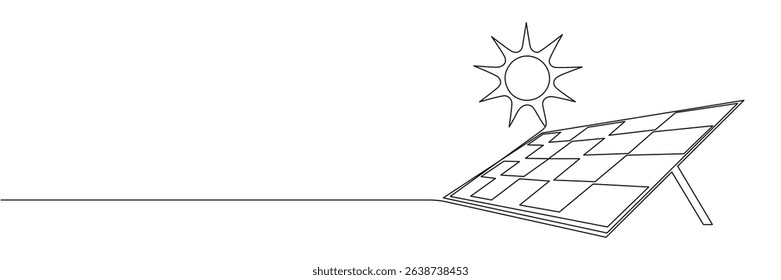 One continuous line drawing of Solar panel with sun. Green clean energy and renewable resources in simple linear style. Editable stroke. Doodle vector