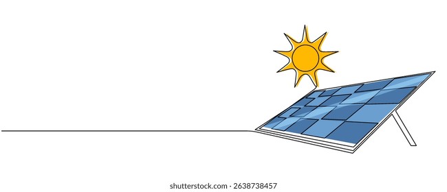 One continuous line drawing of Solar panel with sun. Green clean energy and renewable resources in simple linear style. Editable stroke. Doodle vector