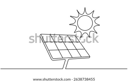 One continuous line drawing of Solar panel with sun. Green clean energy and renewable resources in simple linear style. Editable stroke. Doodle vector
