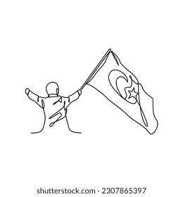 One continuous line drawing of a soldier holding a Turkish flag. Turkey patriotic in simple linear style. Turkey patriotic design concept vector illustration