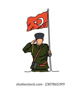 Un dibujo continuo de una línea de un soldado con una bandera turca. Turquía patriótica en un estilo simple lineal. Ilustración vectorial del concepto de diseño patriótico de Turquía
