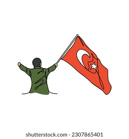 One continuous line drawing of a soldier holding a Turkish flag. Turkey patriotic in simple linear style. Turkey patriotic design concept vector illustration