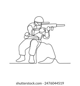 Eine durchgehende Linienzeichnung von Soldaten, die während Kriegsübungen Waffen halten, in einer Vektorgrafik-Design-Illustration eines Trainingslagers. Illustration der Soldatentraining-Aktivität im schlichten linearen Stil der Vektorgrafik.