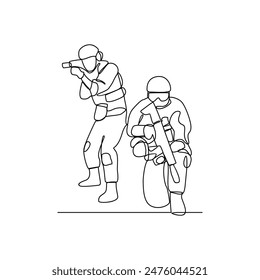 Eine durchgehende Linienzeichnung von Soldaten, die während Kriegsübungen Waffen halten, in einer Vektorgrafik-Design-Illustration eines Trainingslagers. Illustration der Soldatentraining-Aktivität im schlichten linearen Stil der Vektorgrafik.