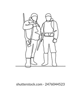 Dibujo en línea continuo de soldados sosteniendo armas durante ejercicios de guerra en una ilustración de diseño de Vector de campo de entrenamiento. Ilustración de la actividad de entrenamiento del soldado en diseño de Vector de estilo lineal simple.