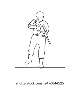 One continuous line drawing of soldiers holding weapons during war drills in a training camp vector design illustration. Soldier training activity illustration in simple linear style vector design.