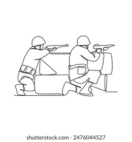 Dibujo en línea continuo de soldados sosteniendo armas durante ejercicios de guerra en una ilustración de diseño de Vector de campo de entrenamiento. Ilustración de la actividad de entrenamiento del soldado en diseño de Vector de estilo lineal simple.
