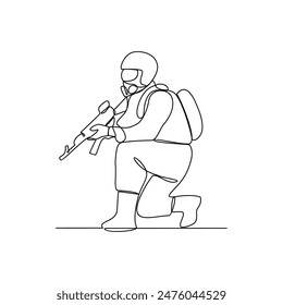 Dibujo en línea continuo de soldados sosteniendo armas durante ejercicios de guerra en una ilustración de diseño de Vector de campo de entrenamiento. Ilustración de la actividad de entrenamiento del soldado en diseño de Vector de estilo lineal simple.