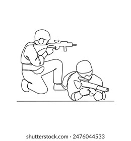 Eine durchgehende Linienzeichnung von Soldaten, die während Kriegsübungen Waffen halten, in einer Vektorgrafik-Design-Illustration eines Trainingslagers. Illustration der Soldatentraining-Aktivität im schlichten linearen Stil der Vektorgrafik.