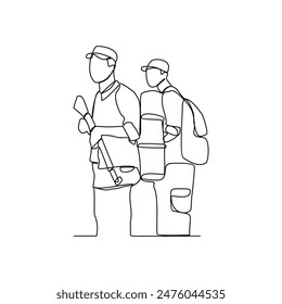 Eine durchgehende Linienzeichnung von Soldaten, die während Kriegsübungen Waffen halten, in einer Vektorgrafik-Design-Illustration eines Trainingslagers. Illustration der Soldatentraining-Aktivität im schlichten linearen Stil der Vektorgrafik.