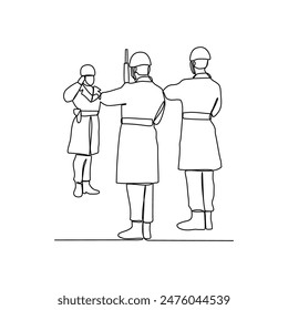 One continuous line drawing of soldiers holding weapons during war drills in a training camp vector design illustration. Soldier training activity illustration in simple linear style vector design.