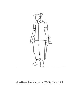 One continuous line drawing of soldiers holding weapons during war drills in a training camp vector design illustration. Soldier training activity illustration in simple linear style vector asset.