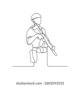 One continuous line drawing of soldiers holding weapons during war drills in a training camp vector design illustration. Soldier training activity illustration in simple linear style vector asset.